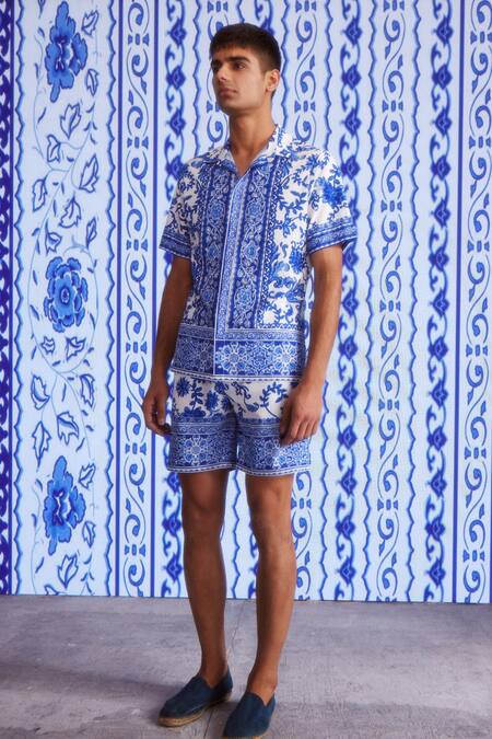 Shop Dash And Dot White Polyester Embroidery Floral Ceramic Print Shirt And Shorts Set Online at Aza Fashions Shop_Dash And Dot_White Polyester Embroidery Floral Ceramic Print Shirt And Shorts Set _Online_at_Aza_Fashions