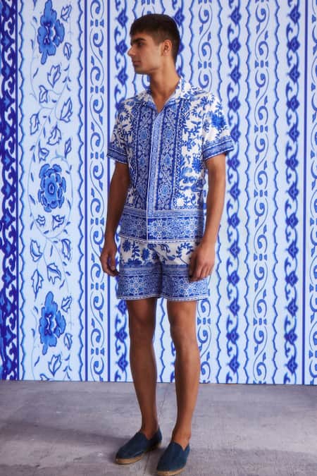 Dash And Dot White Polyester Embroidery Floral Ceramic Print Shirt And Shorts Set at Aza Fashions Dash And Dot_White Polyester Embroidery Floral Ceramic Print Shirt And Shorts Set _at_Aza_Fashions