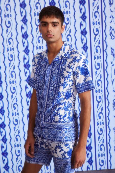 Buy Dash And Dot White Polyester Embroidery Floral Ceramic Print Shirt And Shorts Set Buy_Dash And Dot_White Polyester Embroidery Floral Ceramic Print Shirt And Shorts Set