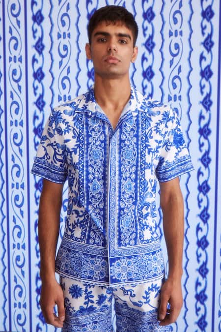 Shop Dash And Dot White Polyester Embroidery Floral Ceramic Print Shirt And Shorts Set Shop_Dash And Dot_White Polyester Embroidery Floral Ceramic Print Shirt And Shorts Set