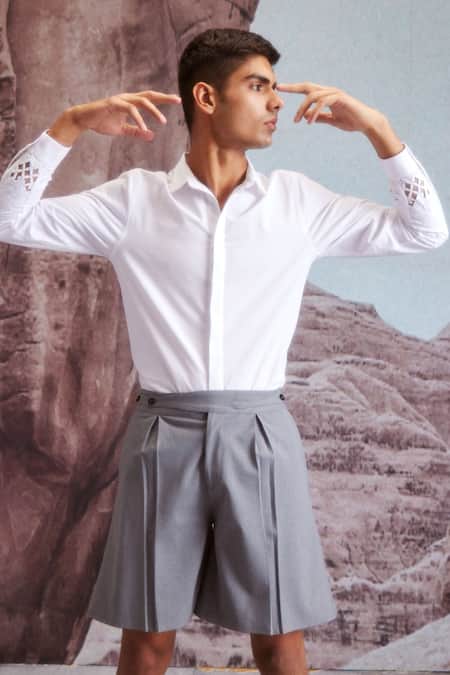 Shop Dash And Dot Grey Cotton, Polyester, Viscose Box Pleated Flared Shorts Online at Aza Fashions Shop_Dash And Dot_Grey Cotton, Polyester, Viscose Box Pleated Flared Shorts _Online_at_Aza_Fashions