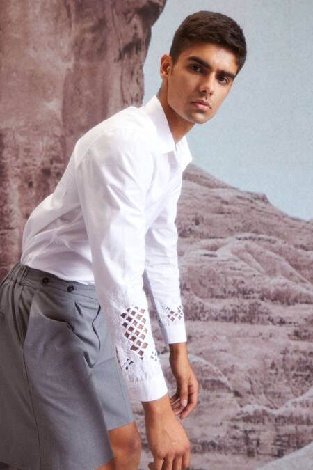 Buy Dash And Dot Grey Cotton, Polyester, Viscose Box Pleated Flared Shorts Buy_Dash And Dot_Grey Cotton, Polyester, Viscose Box Pleated Flared Shorts