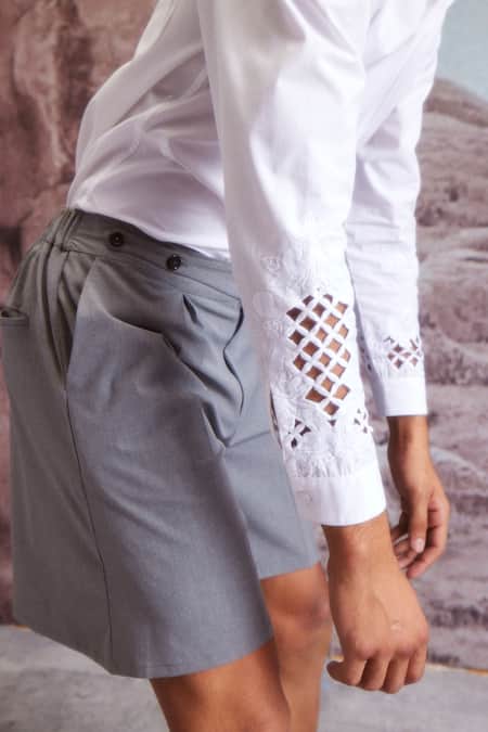 Shop Dash And Dot Grey Cotton, Polyester, Viscose Box Pleated Flared Shorts Shop_Dash And Dot_Grey Cotton, Polyester, Viscose Box Pleated Flared Shorts