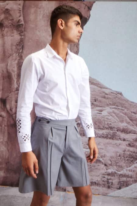 Dash And Dot White Cotton Embroidery Organic Cuff Shirt at Aza Fashions Dash And Dot_White Cotton Embroidery Organic Cuff Shirt _at_Aza_Fashions