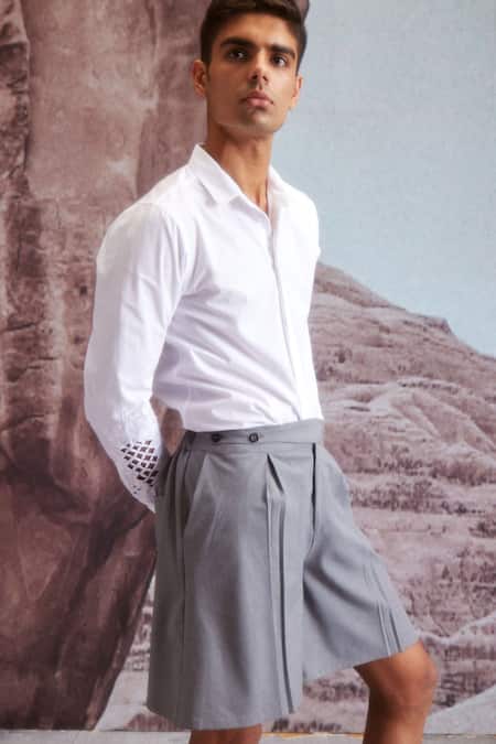 Shop Dash And Dot White Cotton Embroidery Organic Cuff Shirt Shop_Dash And Dot_White Cotton Embroidery Organic Cuff Shirt