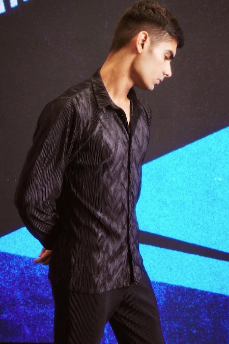 Shop_Dash And Dot_Black Polyester Embroidery Pleated Textured Shirt And Pant Set _Online_at_Aza_Fashions