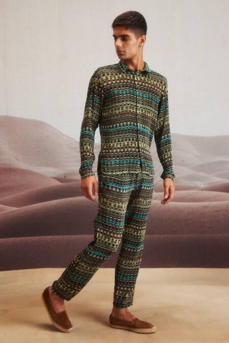 Dash And Dot Brown Polyester Embroidery Geo Printed Pleated Shirt And Pant Set Online at Aza Fashions Dash And Dot_Brown Polyester Embroidery Geo Printed Pleated Shirt And Pant Set _Online_at_Aza_Fashions