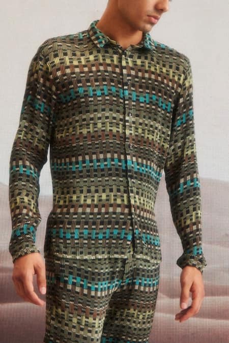 Shop Dash And Dot Brown Polyester Embroidery Geo Printed Pleated Shirt And Pant Set Online at Aza Fashions Shop_Dash And Dot_Brown Polyester Embroidery Geo Printed Pleated Shirt And Pant Set _Online_at_Aza_Fashions