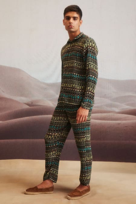 Dash And Dot Brown Polyester Embroidery Geo Printed Pleated Shirt And Pant Set at Aza Fashions Dash And Dot_Brown Polyester Embroidery Geo Printed Pleated Shirt And Pant Set _at_Aza_Fashions