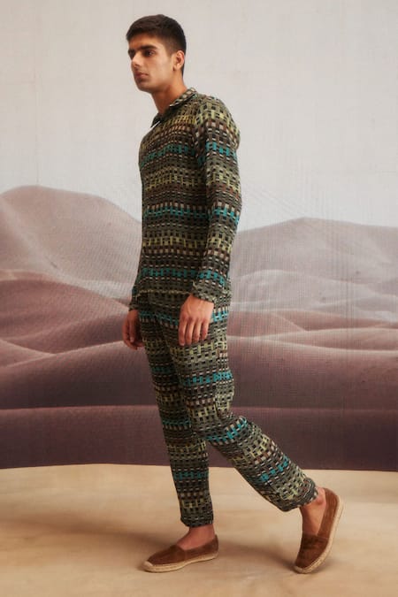 Buy Dash And Dot Brown Polyester Embroidery Geo Printed Pleated Shirt And Pant Set Buy_Dash And Dot_Brown Polyester Embroidery Geo Printed Pleated Shirt And Pant Set