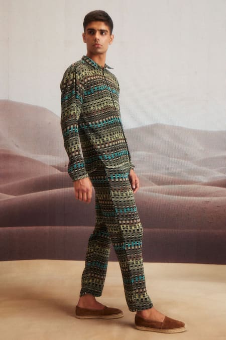 Shop Dash And Dot Brown Polyester Embroidery Geo Printed Pleated Shirt And Pant Set Shop_Dash And Dot_Brown Polyester Embroidery Geo Printed Pleated Shirt And Pant Set