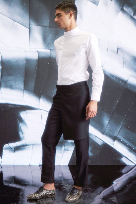 Dash And Dot Black Polyester, Viscose, Spandex Overlap Panelled Pant Online at Aza Fashions Dash And Dot_Black Polyester, Viscose, Spandex Overlap Panelled Pant _Online_at_Aza_Fashions