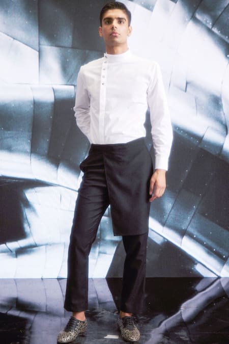 Dash And Dot Black Polyester, Viscose, Spandex Overlap Panelled Pant at Aza Fashions Dash And Dot_Black Polyester, Viscose, Spandex Overlap Panelled Pant _at_Aza_Fashions