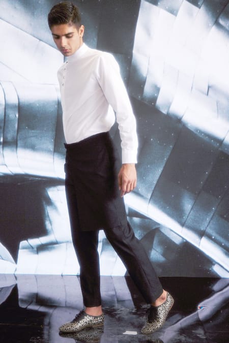 Buy Dash And Dot Black Polyester, Viscose, Spandex Overlap Panelled Pant Buy_Dash And Dot_Black Polyester, Viscose, Spandex Overlap Panelled Pant