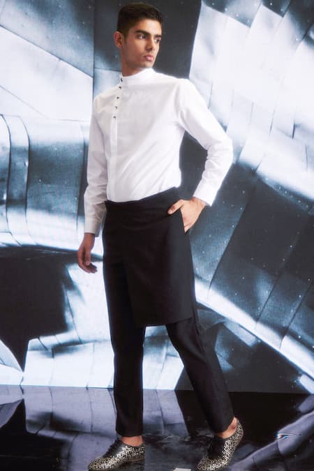 Shop Dash And Dot Black Polyester, Viscose, Spandex Overlap Panelled Pant Shop_Dash And Dot_Black Polyester, Viscose, Spandex Overlap Panelled Pant