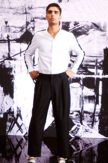 Dash And Dot_Black Polyester, Viscose, Spandex Front Knife Pleated Pant _at_Aza_Fashions