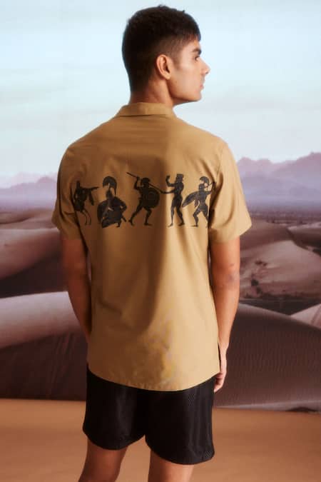 Dash And Dot_Brown Cotton Embroidery Organic Warrior Print Shirt_Online_at_Aza_Fashions