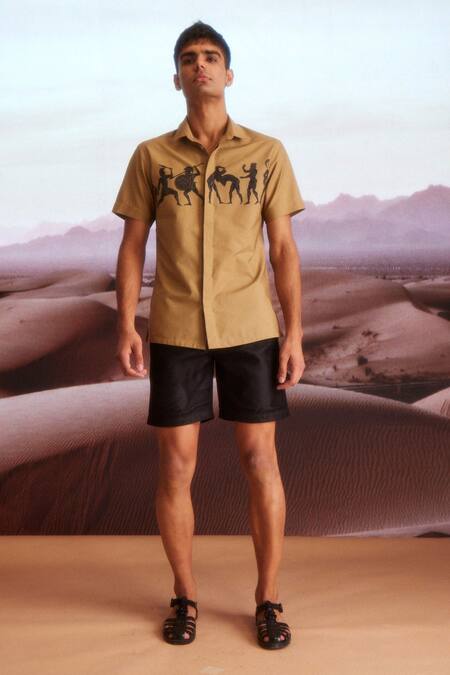 Shop_Dash And Dot_Brown Cotton Embroidery Organic Warrior Print Shirt_Online_at_Aza_Fashions