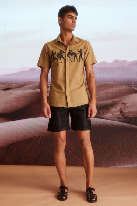 Dash And Dot_Brown Cotton Embroidery Organic Warrior Print Shirt_at_Aza_Fashions