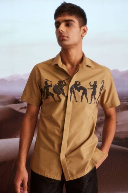 Buy_Dash And Dot_Brown Cotton Embroidery Organic Warrior Print Shirt