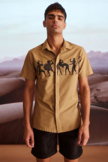 Shop_Dash And Dot_Brown Cotton Embroidery Organic Warrior Print Shirt