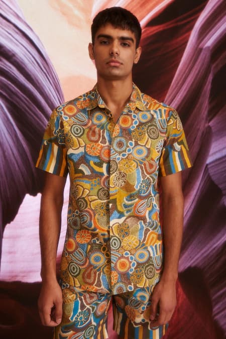 Dash And Dot_Brown Cotton Organic Abstract Print Shirt_at_Aza_Fashions