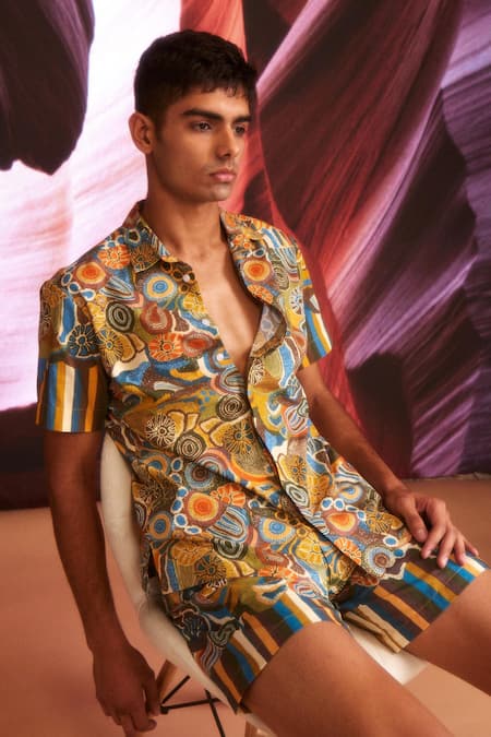 Shop Dash And Dot Brown Cotton, Polyester Abstract Print Swim Shirt And Shorts Set Online at Aza Fashions Shop_Dash And Dot_Brown Cotton, Polyester Abstract Print Swim Shirt And Shorts Set _Online_at_Aza_Fashions