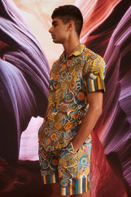 Buy Dash And Dot Brown Cotton, Polyester Abstract Print Swim Shirt And Shorts Set Buy_Dash And Dot_Brown Cotton, Polyester Abstract Print Swim Shirt And Shorts Set