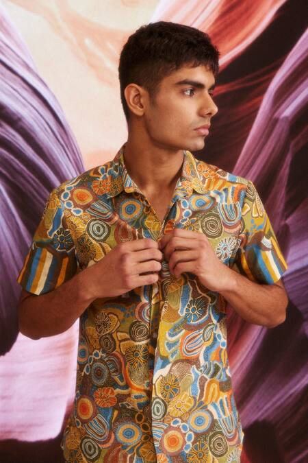 Shop Dash And Dot Brown Cotton, Polyester Abstract Print Swim Shirt And Shorts Set Shop_Dash And Dot_Brown Cotton, Polyester Abstract Print Swim Shirt And Shorts Set