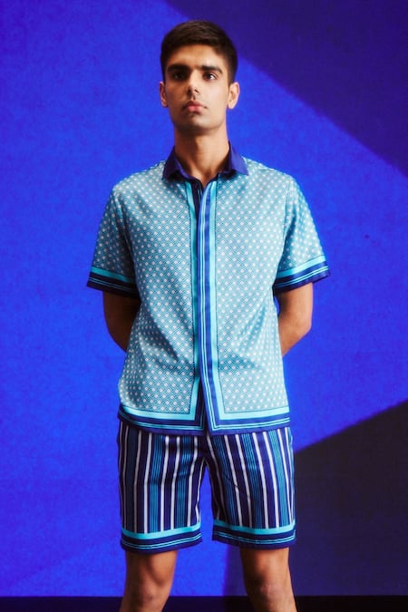 Shop Dash And Dot Blue Polyester Tonal Geometric Print Shirt And Shorts Set Online at Aza Fashions Shop_Dash And Dot_Blue Polyester Tonal Geometric Print Shirt And Shorts Set _Online_at_Aza_Fashions