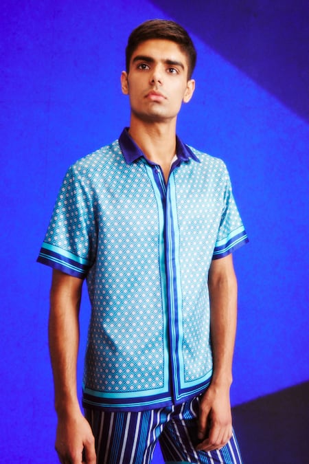 Dash And Dot Blue Polyester Tonal Geometric Print Shirt And Shorts Set at Aza Fashions Dash And Dot_Blue Polyester Tonal Geometric Print Shirt And Shorts Set _at_Aza_Fashions