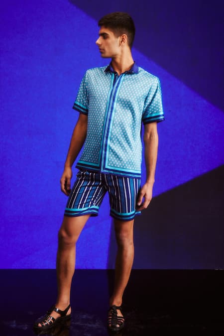 Buy Dash And Dot Blue Polyester Tonal Geometric Print Shirt And Shorts Set Buy_Dash And Dot_Blue Polyester Tonal Geometric Print Shirt And Shorts Set