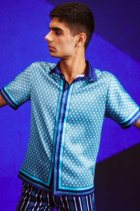 Shop Dash And Dot Blue Polyester Tonal Geometric Print Shirt And Shorts Set Shop_Dash And Dot_Blue Polyester Tonal Geometric Print Shirt And Shorts Set