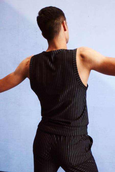 Dash And Dot_Black Viscose, Polyester, Spandex Knitted Pinstripe Tank And Shorts Set _Online_at_Aza_Fashions