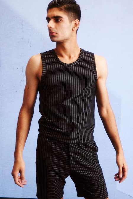Dash And Dot_Black Viscose, Polyester, Spandex Knitted Pinstripe Tank And Shorts Set _at_Aza_Fashions