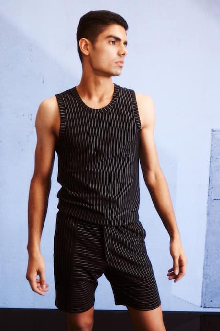 Buy_Dash And Dot_Black Viscose, Polyester, Spandex Knitted Pinstripe Tank And Shorts Set 