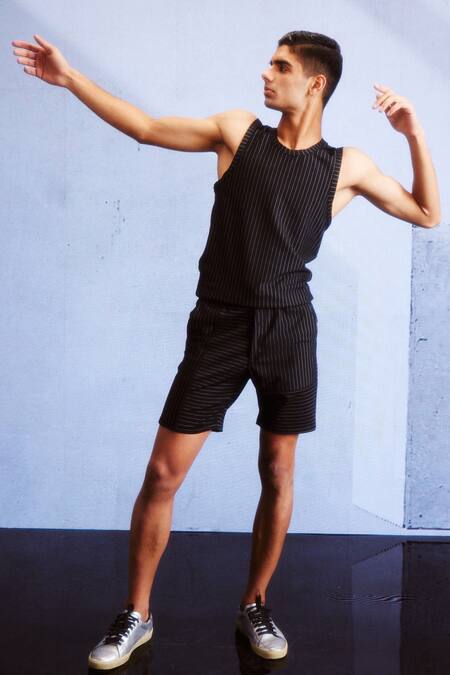 Dash And Dot_Black Viscose, Polyester, Spandex Knitted Pinstripe Shorts_Online_at_Aza_Fashions