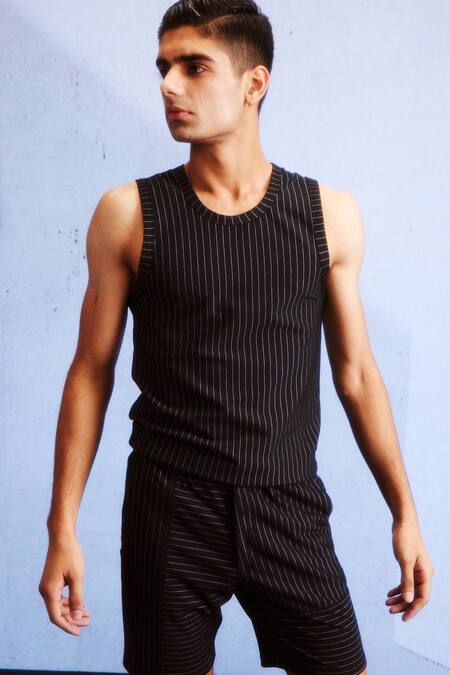 Shop_Dash And Dot_Black Viscose, Polyester, Spandex Knitted Pinstripe Shorts_Online_at_Aza_Fashions