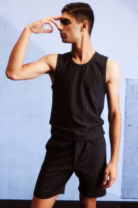 Buy_Dash And Dot_Black Viscose, Polyester, Spandex Knitted Pinstripe Shorts