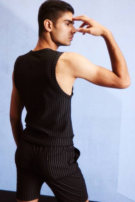 Shop_Dash And Dot_Black Viscose, Polyester, Spandex Knitted Pinstripe Shorts