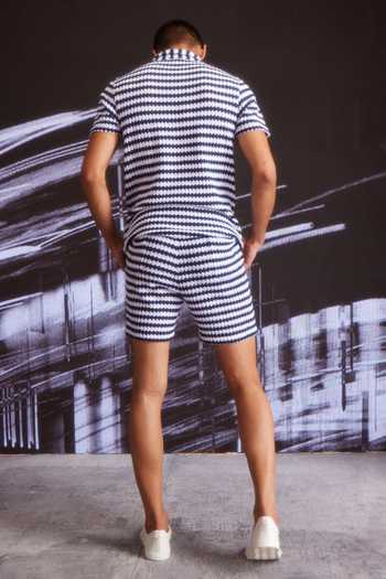 Dash And Dot_Blue Cotton Textured Knitted Stripe T-shirt And Shorts Set _Online_at_Aza_Fashions