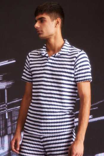 Shop_Dash And Dot_Blue Cotton Textured Knitted Stripe T-shirt And Shorts Set _Online_at_Aza_Fashions