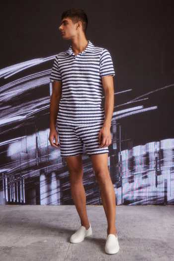 Buy_Dash And Dot_Blue Cotton Textured Knitted Stripe T-shirt And Shorts Set 