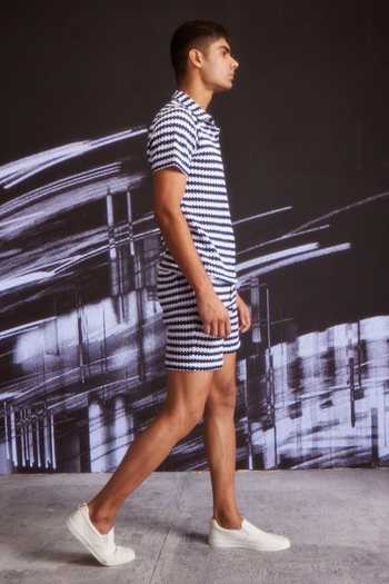 Shop_Dash And Dot_Blue Cotton Textured Knitted Stripe T-shirt And Shorts Set 