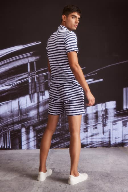 Dash And Dot_Blue Cotton Knitted Textured Shorts_at_Aza_Fashions