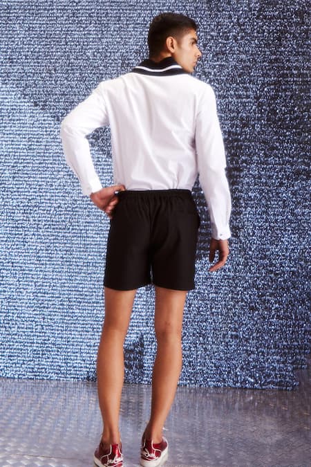 Dash And Dot_Black Cotton Knitted Raised Neck T Shirt _Online_at_Aza_Fashions