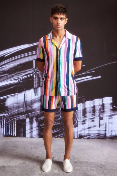 Dash And Dot Multi Color Cotton Hand Painted Stripe Shirt And Shorts Set Online at Aza Fashions Dash And Dot_Multi Color Cotton Hand Painted Stripe Shirt And Shorts Set _Online_at_Aza_Fashions