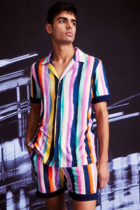 Shop Dash And Dot Multi Color Cotton Hand Painted Stripe Shirt And Shorts Set Online at Aza Fashions Shop_Dash And Dot_Multi Color Cotton Hand Painted Stripe Shirt And Shorts Set _Online_at_Aza_Fashions