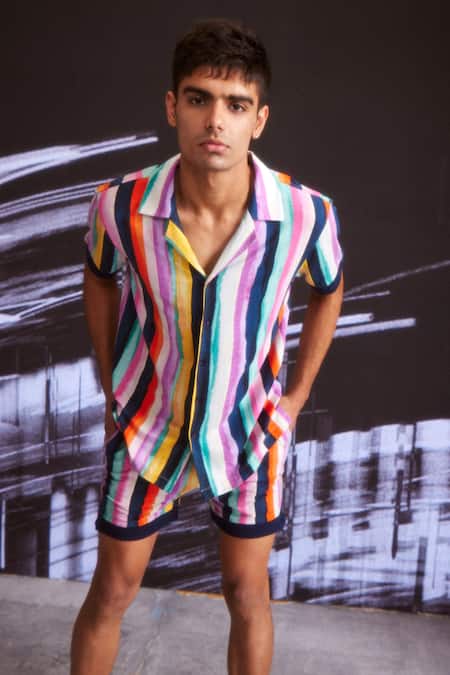 Shop Dash And Dot Multi Color Cotton Hand Painted Stripe Shirt And Shorts Set Shop_Dash And Dot_Multi Color Cotton Hand Painted Stripe Shirt And Shorts Set