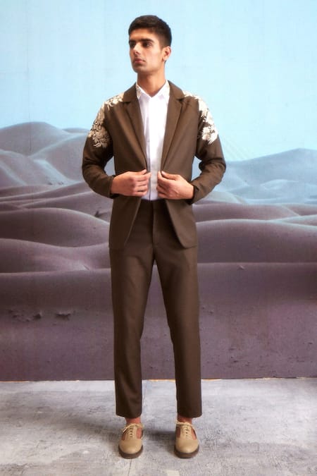 Dash And Dot Brown Polyester, Cotton Embroidery Gara Placement Jacket Online at Aza Fashions Dash And Dot_Brown Polyester, Cotton Embroidery Gara Placement Jacket _Online_at_Aza_Fashions